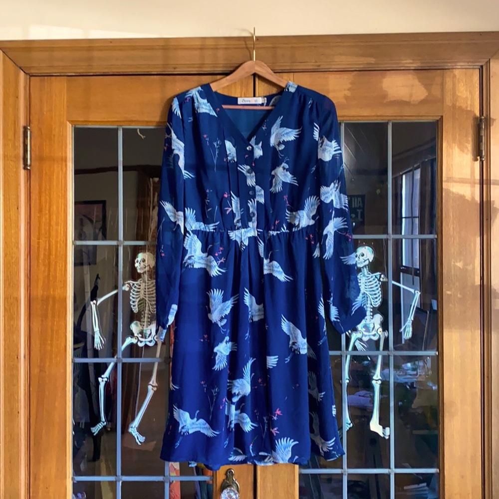 ModCloth long sleeve blue crane dress